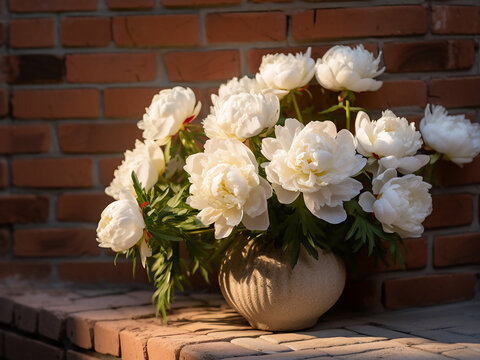 White peonies showcased in a vase against a brick wall background