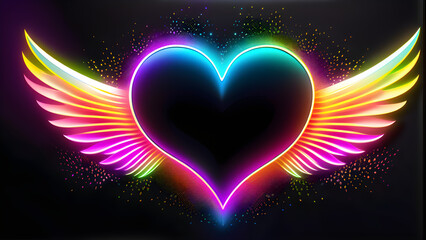 Glowing White Cupid Neon Hearts on Black Background(Generative AI) - obrazy, fototapety, plakaty