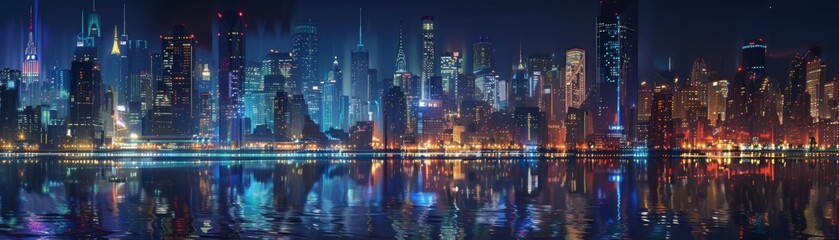 Immerse yourself in the urban charm of a night cityscape, where the glittering lights reflect off the river amidst the towering presence of skyscrapers.
