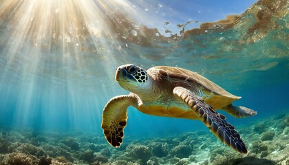 Endangered green sea turtle swims freely in a clear blue ocean, its powerful flippers propelling it forward.