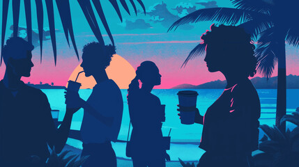 graphic with young people drinking coffee, mood with blue color, at sunset on the beach 