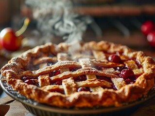 A homemade steaming cherry pie, emanating warmth and tradition, suitable for recipe websites or home cooking segments.