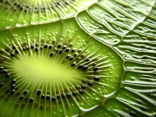 Macro shot of vibrant green kiwi slices, highlighting the fruit's intricate details, perfect for nutritional content or food photography exhibits.