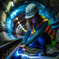 Female engineer with hard hat and safety vest crouches on the ground, using a blue flashlight checking train tracks in a dark tunnel
