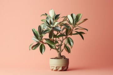 A potted plant with variegated leaves stands against a soft pink background, showcasing the beauty of indoor gardening and the simplicity of modern decor.