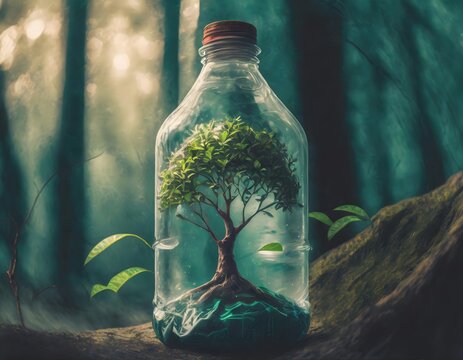 árbol creciendo dentro de una botella de plástico