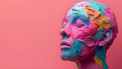 World Autism Awareness Day banner with a multicolored human head made of plasticine on a pink background, symbolizing diversity and support for people with autism - obrazy, fototapety, plakaty