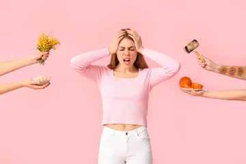 Poster People giving mimosa, bowl with nuts, brush with fur and grapefruit to young woman suffering from allergy on pink background © Pixel-Shot