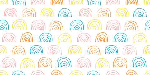 Cute childish vector colorful textured hand drawn rainbow arc shape seamless pattern. Modern pastel colors arch print for kids textile design, wrapping paper, surface, wallpaper, background