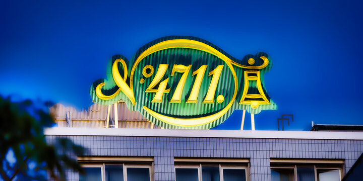 cologne, german july 14 2023: illuminated logo of 4711 the most famous perfume manufacturer of eau de cologne on the former production site in cologne ehrenfeld