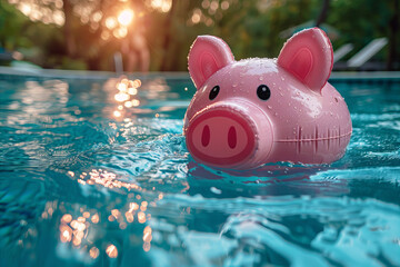 A piggy bank inflatable pool float floating in a summer swimming pool. Vacation finance concept
