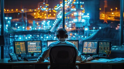 Obraz premium Male engineer working in control room in large mining area.