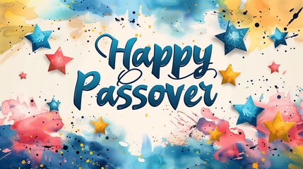 Illustration of the stars with the phrase "Happy Passover" , background with Happy Passover message written