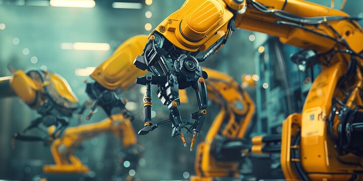 Mechanized industry robots and robotic arms double exposure image . Concept of artificial intelligence for industrial revolution and automation manufacturing process in future factory 