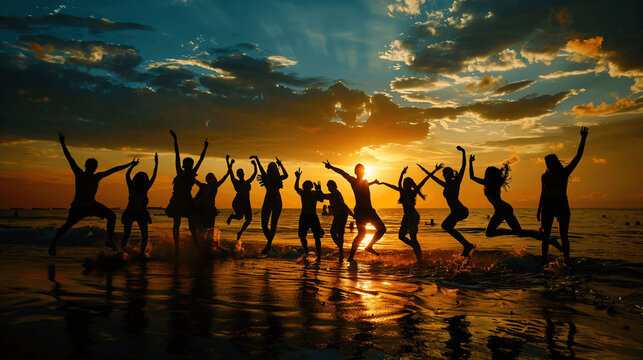 This image captures a group of people silhouetted against a vibrant sunset at the beach. They are in various poses of dance and celebration, with their arms raised, seemingly in mid-motion, which conv