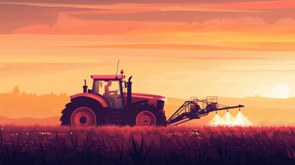 Irrigation tractor driving, spraying or harvesting agricultural crops at sunset with information...
