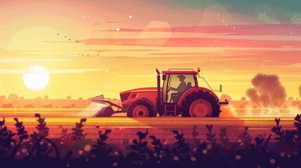 Fototapeta premium Irrigation tractor driving, spraying or harvesting agricultural crops at sunset with information infographic as banner design for agriculture industry.