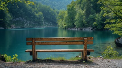 Empty bench on the lake,  backside of a bench, 
Rustic wooden bench on a tranquil blue lake