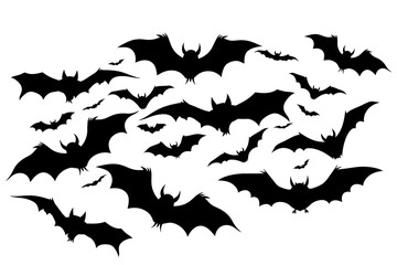 Black silhouette of some of bats on a white background. - obrazy, fototapety, plakaty