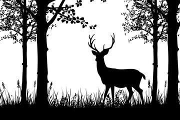 Silhouette outline of a deer in a forest on white.