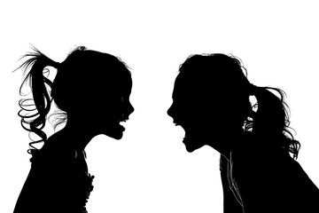 Silhouette outline of a mother and daughter arguing on white. - obrazy, fototapety, plakaty