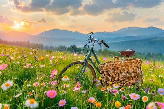Colorful wildflowers in a green meadow with a bicycle and wicker basket - Beautiful spring landscape with mountains in the background at sunset