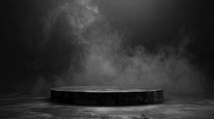 Black podium, black smoke, platform background, product, stage, abstract, surface, fog, spotlight Dark black floor podium, table, empty night room