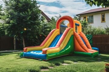 Colorful inflatable bounce house water slide in a backyard - Fun bouncy castle playground for children's parties and summer entertainment