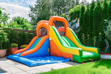 Colorful inflatable bounce house water slide in a backyard - Fun bouncy castle playground for children's parties and summer entertainment
