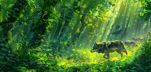 A scene of a wolf leading its pack through a vibrant, green forest, with sunlight filtering through the canopy, casting light and shadows that highlight their path. 32k, full ultra hd, high resolution