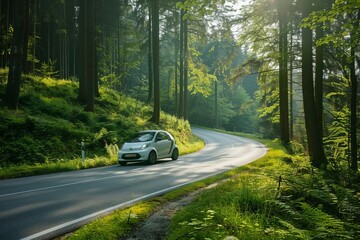 Green electric car driving on a winding forest highway - Eco-friendly road trip through nature with a sustainable vehicle - obrazy, fototapety, plakaty