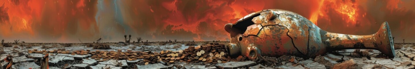 An empty piggy bank lies broken and abandoned on dry, cracked land under an apocalyptic red sky, signifying the end of financial security and the onset of economic decay - obrazy, fototapety, plakaty