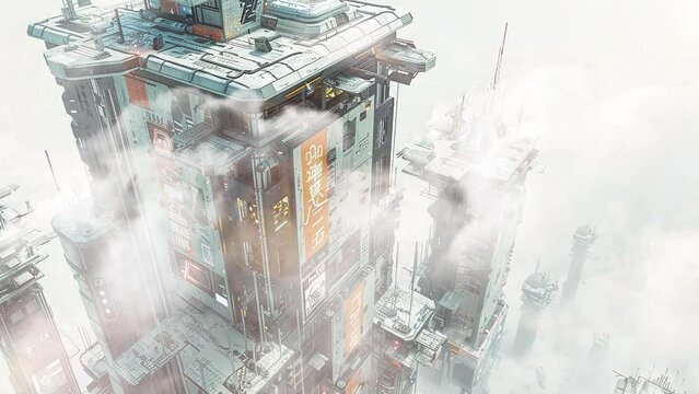 a highly detailed 3D render of a cyberpunk skyscrape. seamless looping overlay 4k virtual video animation background