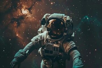 Astronaut Floating in Outer Space, Surreal Cosmonaut Portrait with Starry Background - obrazy, fototapety, plakaty