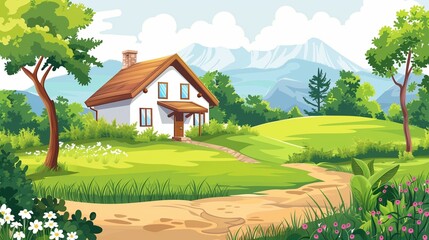 Idyllic Countryside Landscape with Cozy House and Mountain View