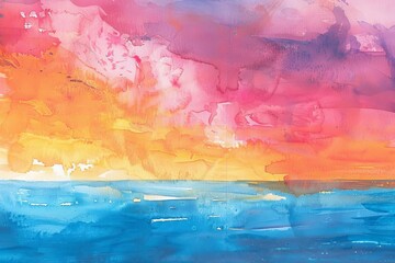 Original Watercolor Painting of Vibrant Sunset Sky, Abstract Landscape Art