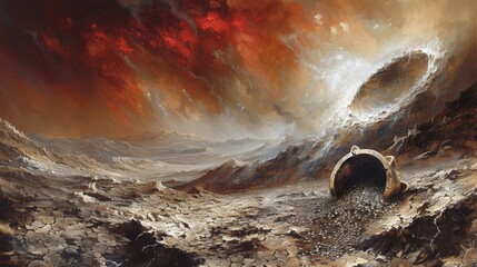 Apocalyptic landscape with a piggy bank portal on desolate ground under a fiery sky, symbolizing financial crisis, economic disaster, and the uncertainty of savings