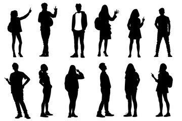 Silhouette outline of diverse people standing on a white background.