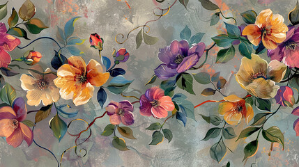 A seamless floral wallpaper design, with hand-painted flowers and leaves sprawling across a muted background. 32k, full ultra hd, high resolution