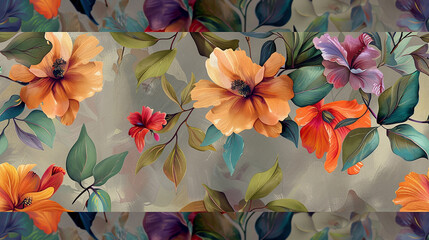 A seamless floral wallpaper design, with hand-painted flowers and leaves sprawling across a muted background. 32k, full ultra hd, high resolution