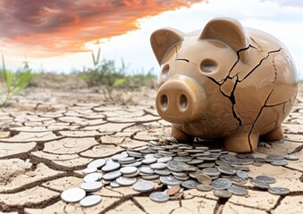 A tan piggy bank with cracks spilling coins on a parched desert floor under a stormy sky, highlighting the intersection of economic savings and climate challenges