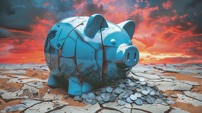 A conceptual image of a blue piggy bank with a mosaic-like texture on cracked land, against a dramatic red sky, embodying the fragility of economies in the face of environmental extremes