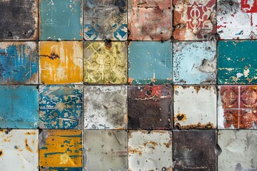 Shabby Rustic Patchwork Tiles Texture, Vintage Concrete Wall Background