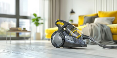 A detailed view of a modern vacuum cleaner placed on the floor, ready for cleaning