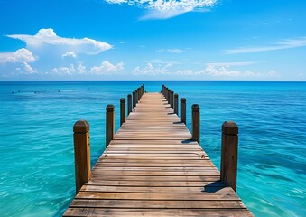 Tranquil Wooden Pier Extending into Serene Turquoise Ocean Under Clear Blue Sky