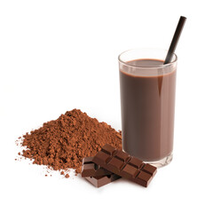 Healthy drinking . Cocoa drink in glass Chocolate bar, cocoa powder on white background.