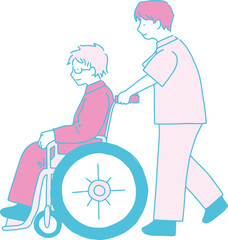 車いすに乗った男性を押す男性の線画のイラスト