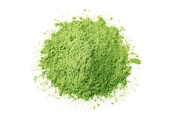 Powder, Green tea powder isolated on white background. Top view - 780157578