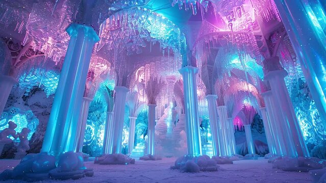 crystal palace ballroom within a realm of ice palace. seamless looping overlay 4k virtual video animation background