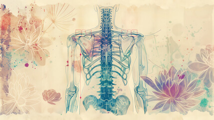 drawing of a human skeleton and colorful flowers on an old textured paper. Wallpaper for a traumatologist, rheumatologist, masseuse or physiotherapist with traditional medicine spiritual aesthetics